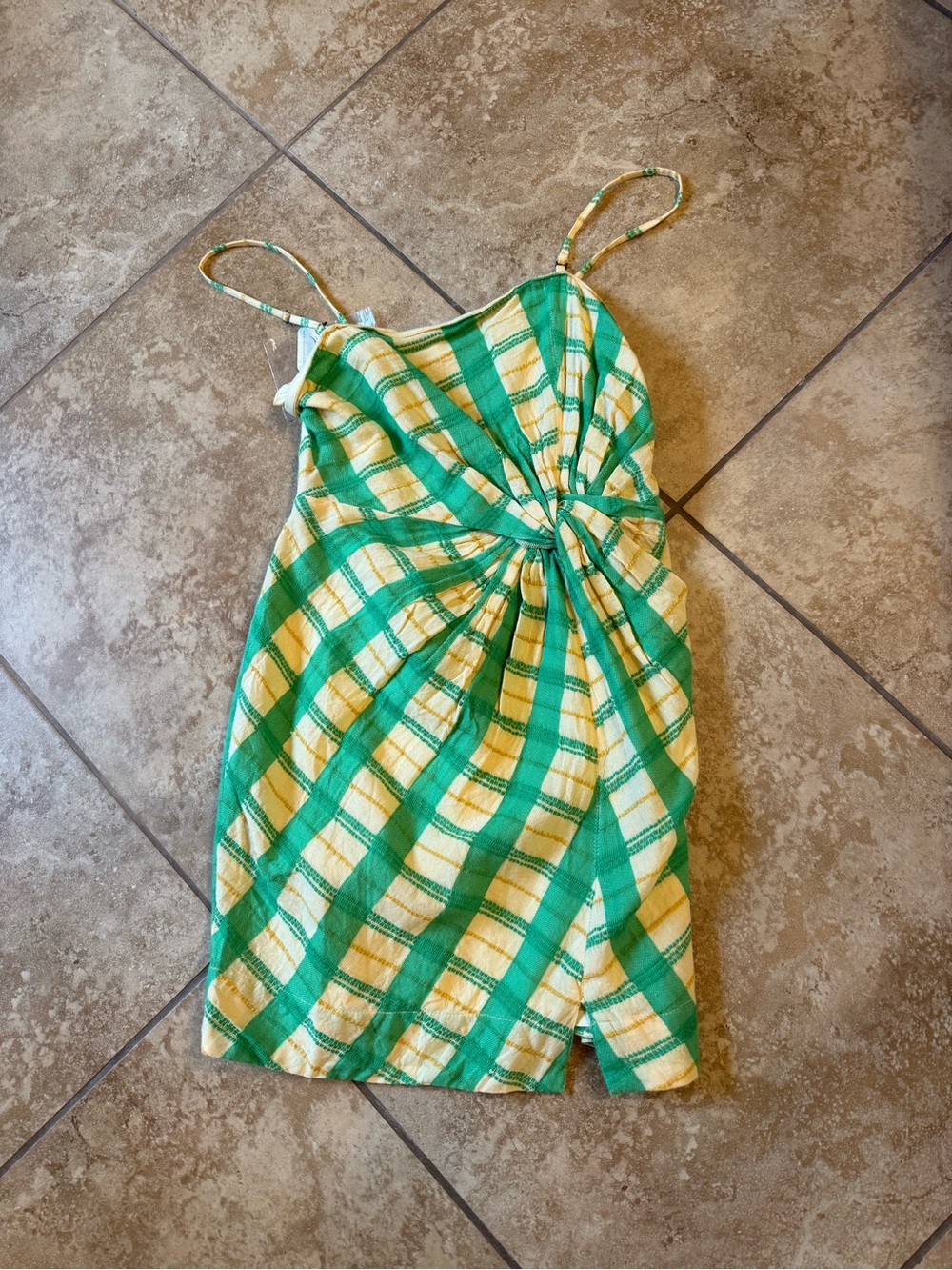 Free People Green and Yellow Plaid Twist-Front Sundress